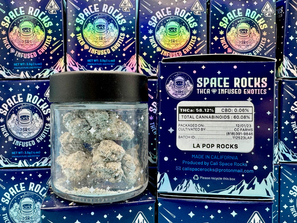 LA Pop Rocks, also known as "LA Pop Rockz" and "LA Pop Rockz #4," is a potent indica-dominant hybrid marijuana strain made by crossing TKBx2 with Z Animal. This strain produces uplifting effects that feel motivating and productive. In large doses, LA Pop Rocks may make you feel tingly throughout your body before eventually lulling you into a relaxed and easygoing state.  THCA diamond infused exotic flower. [premium pure and potent. top shelf