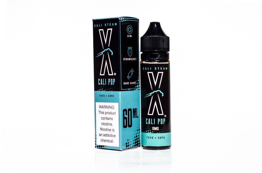 Product photo of Cali Pop, a kiwi strawberry hard candy vape juice. This fruit flavored ejuice is one of our best selling.