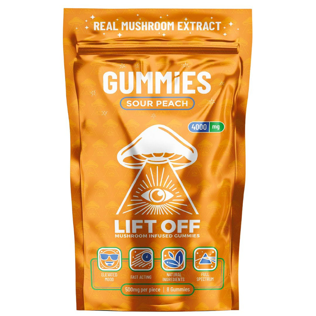 Lift Off Sour Peach mushroom-infused gummies – tangy, energizing nootropics in a bright orange pouch designed to support mental clarity and well-being.