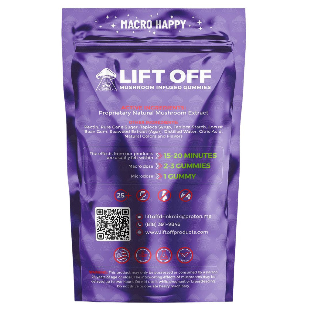Lift Off Grape mushroom-infused gummies – juicy, brain-boosting nootropics packed in a vibrant purple pouch for enhanced mood, clarity, and focus.