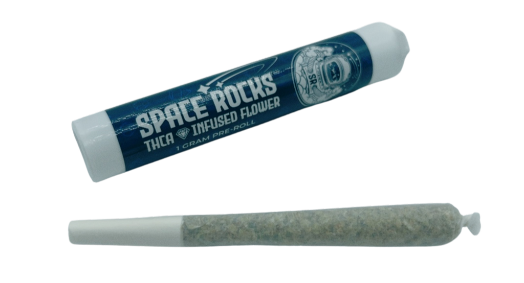 THCa-infused flower packaging with a rolled joint on a white background