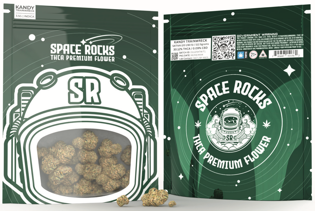 Green packaging of Space Rocks THCa flower with branding and product details.