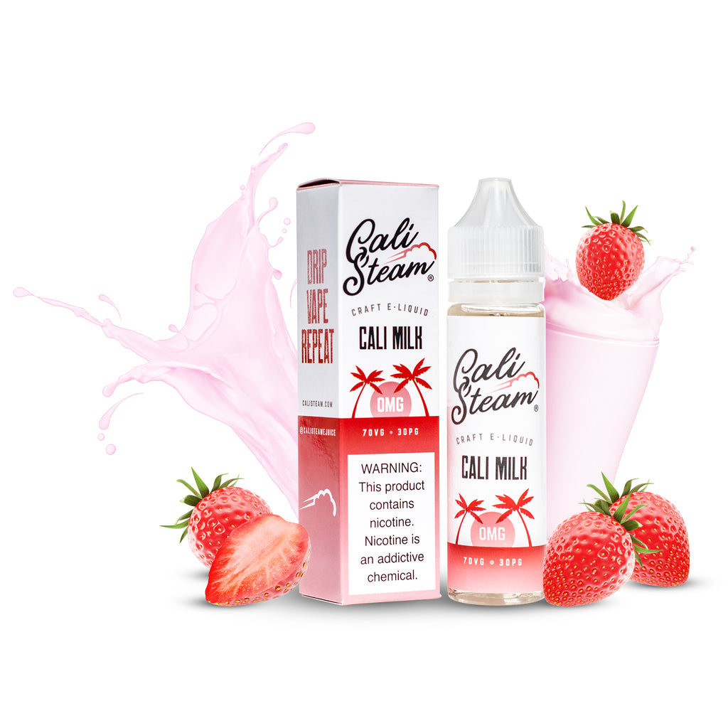 Product photo of Cali Milk, a strawberry milkshake flavored vape juice.