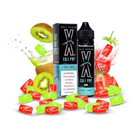 Product photo of Cali Pop, a kiwi strawberry hard candy vape juice. This fruit flavored ejuice is one of our best selling.