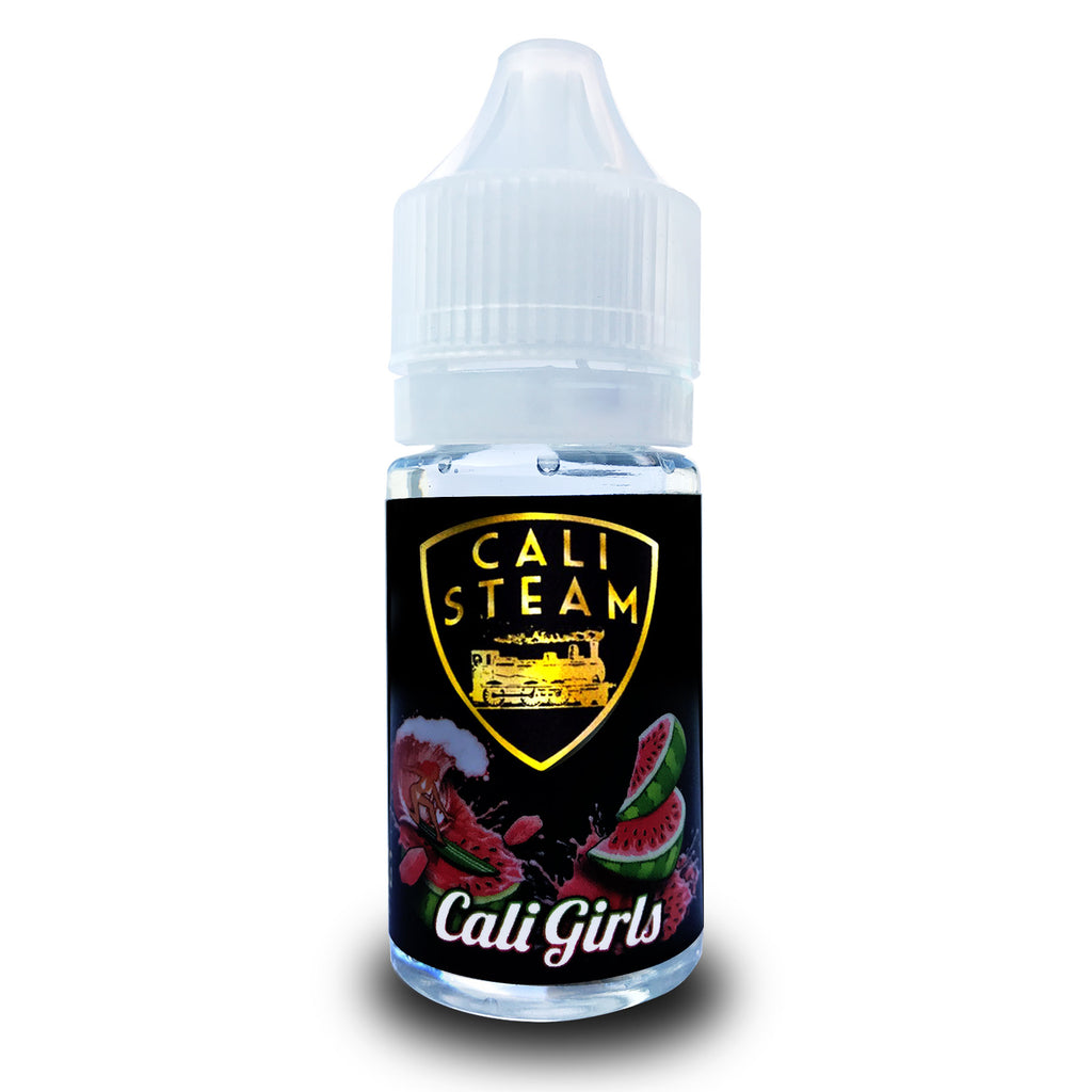Product photo of Cali Girls and watermelon hard candy vape juice flavor.