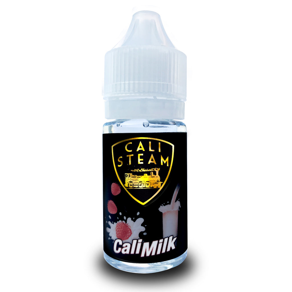 Product photo of Cali Milk, a strawberry milkshake flavored vape juice. This eliquid is top rated by vapers in the United States.