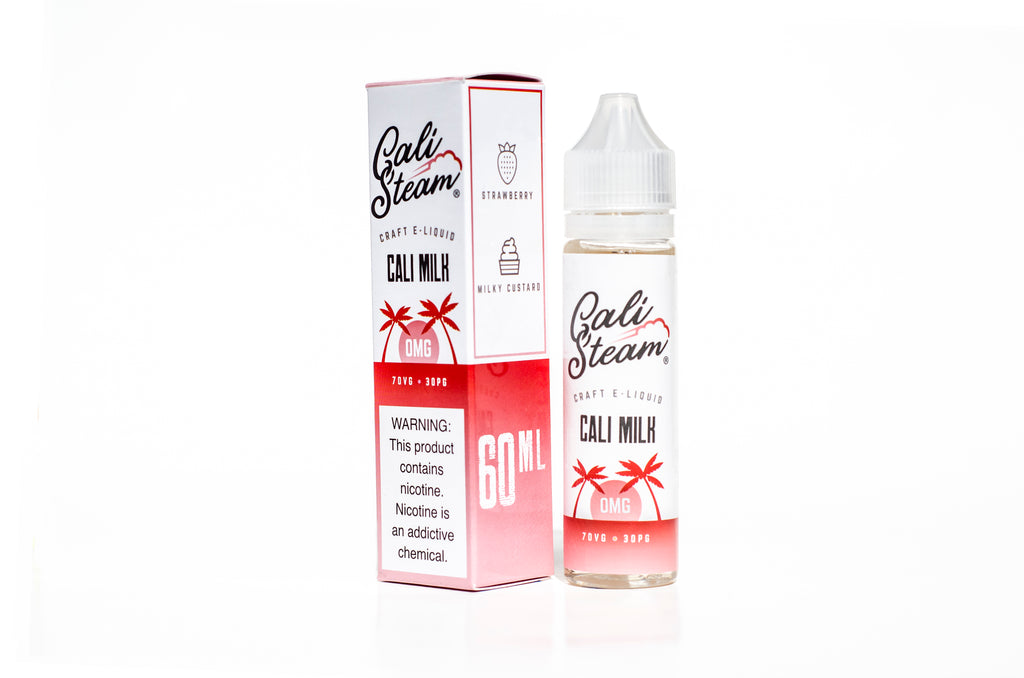 Product photo of Cali Milk, a strawberry milkshake flavored ejuice for vaping.