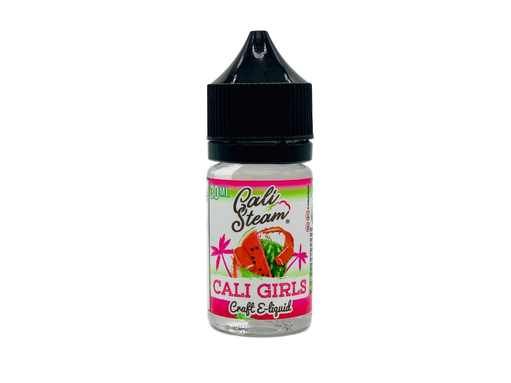Product photo of Cali Girls vape juice. A watermelon hard candy ejuice with nicotine salts.