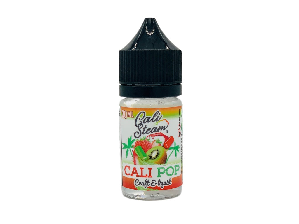 Product photo of Cali Pop, a kiwi strawberry hard candy nicotine salt vape juice. This fruit flavored ejuice is a fan favorite.