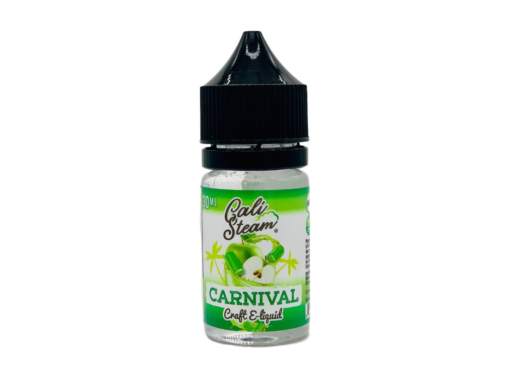 Product photo of Carnival, a green apple hard candy flavored vape juice. This juice contains nicotine salts.