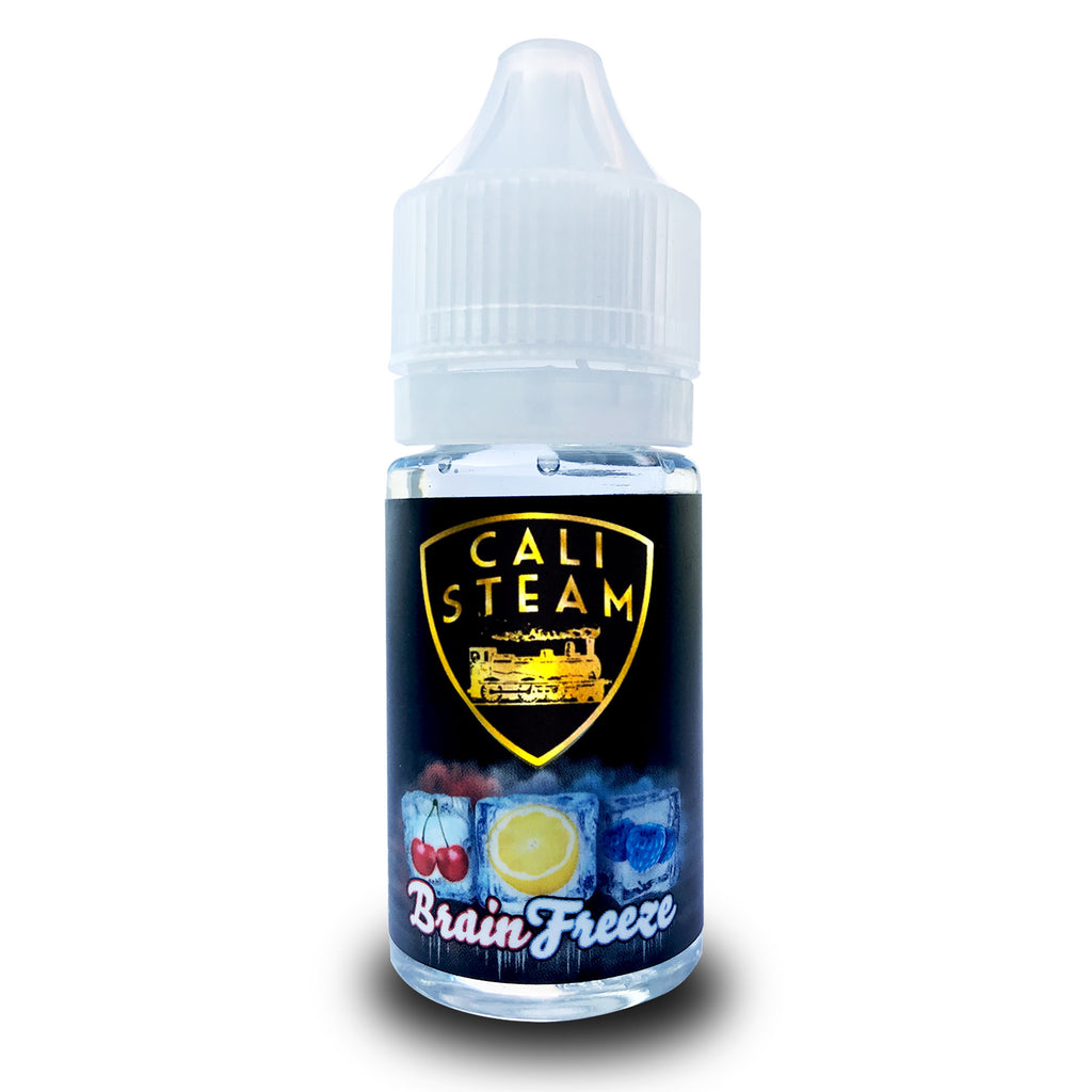 Product photo of Brain Freeze vape juice for online sale. It's flavored like an ice pop with cherry, lemon and blue raspberry.